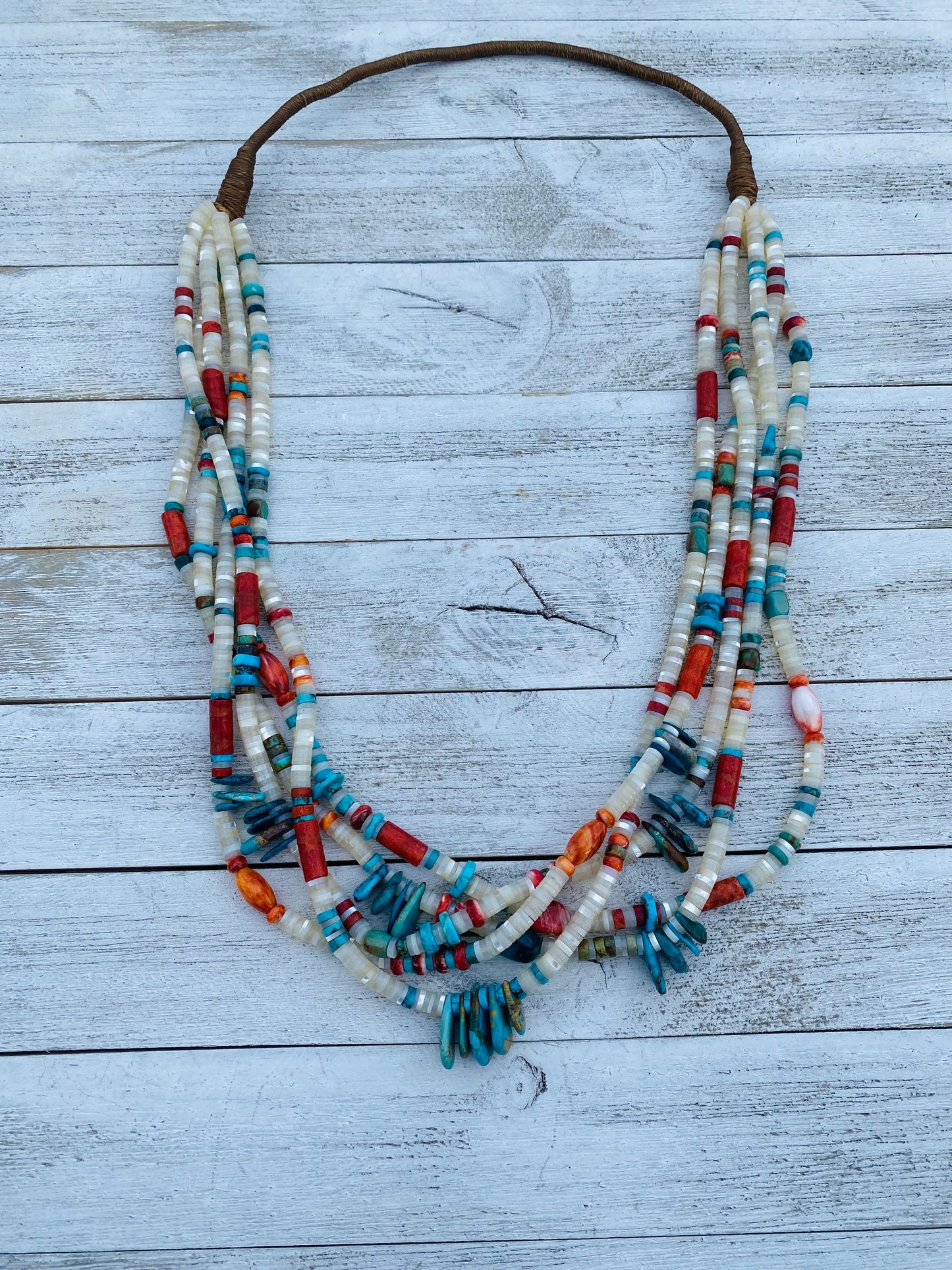 Navajo Mother of Pearl, Turquoise and Spiny Five Strand Beaded Necklace