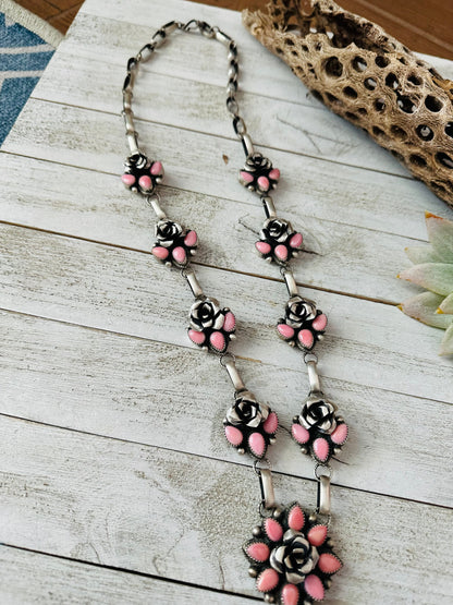 Navajo Sterling Silver & Queen Pink Conch Shell Flower Necklace