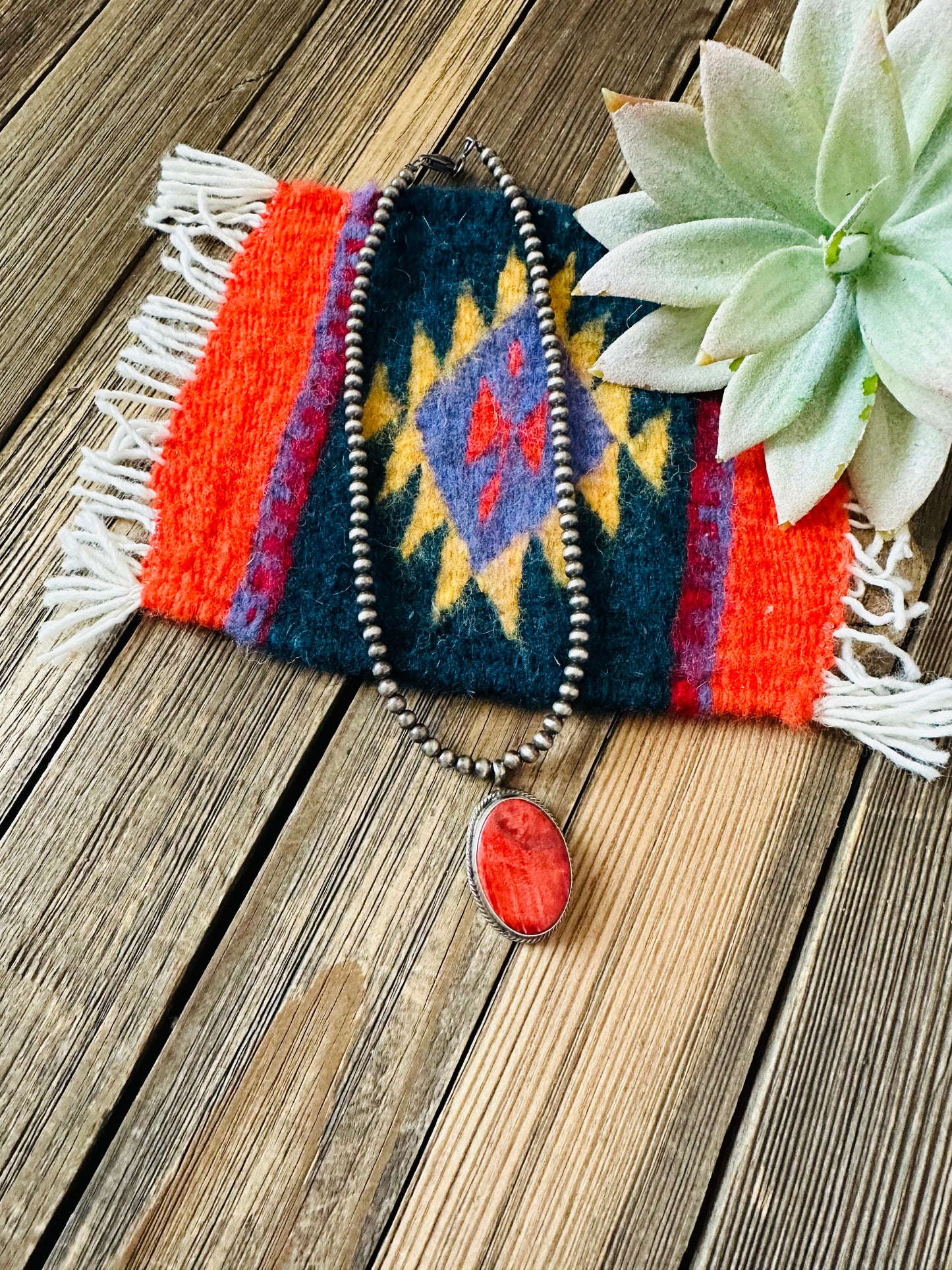 Navajo Sterling Silver Pearl & Orange Spiny Beaded Necklace