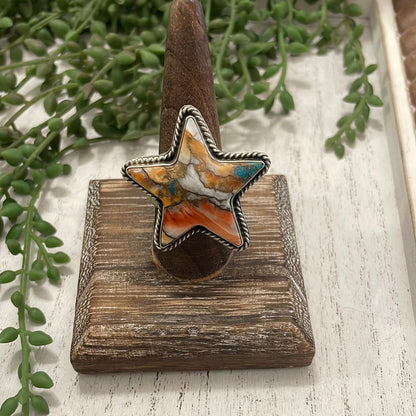 Navajo Orange Dream And Sterling Silver Star Adjustable Ring