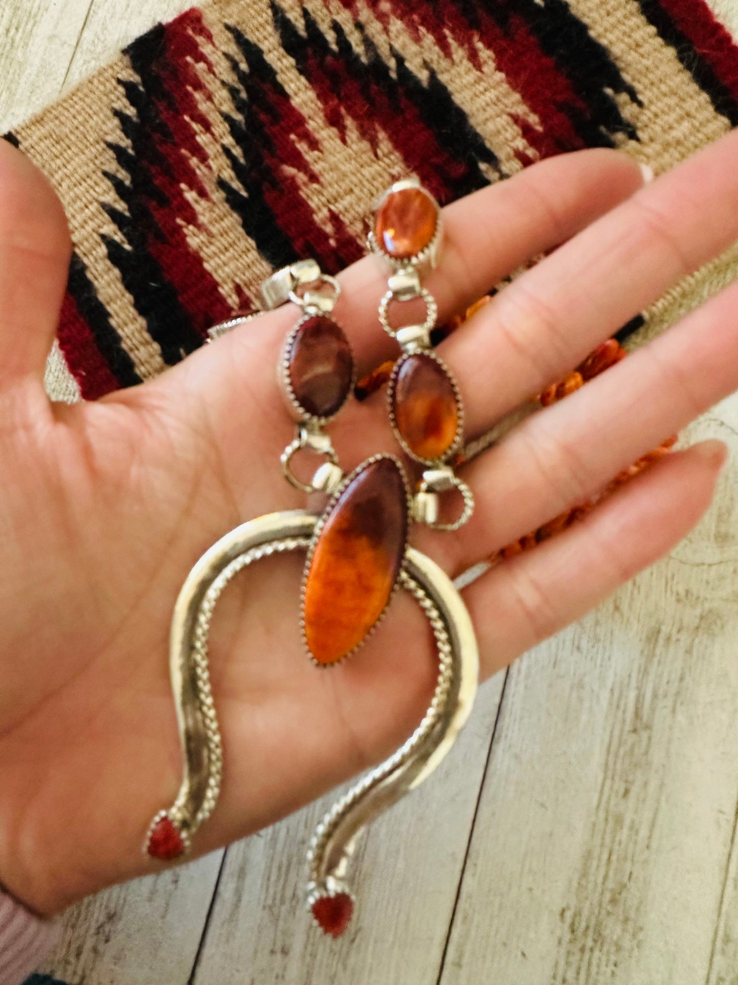 Navajo Sterling Silver & Orange Spiny Beaded Naja Necklace