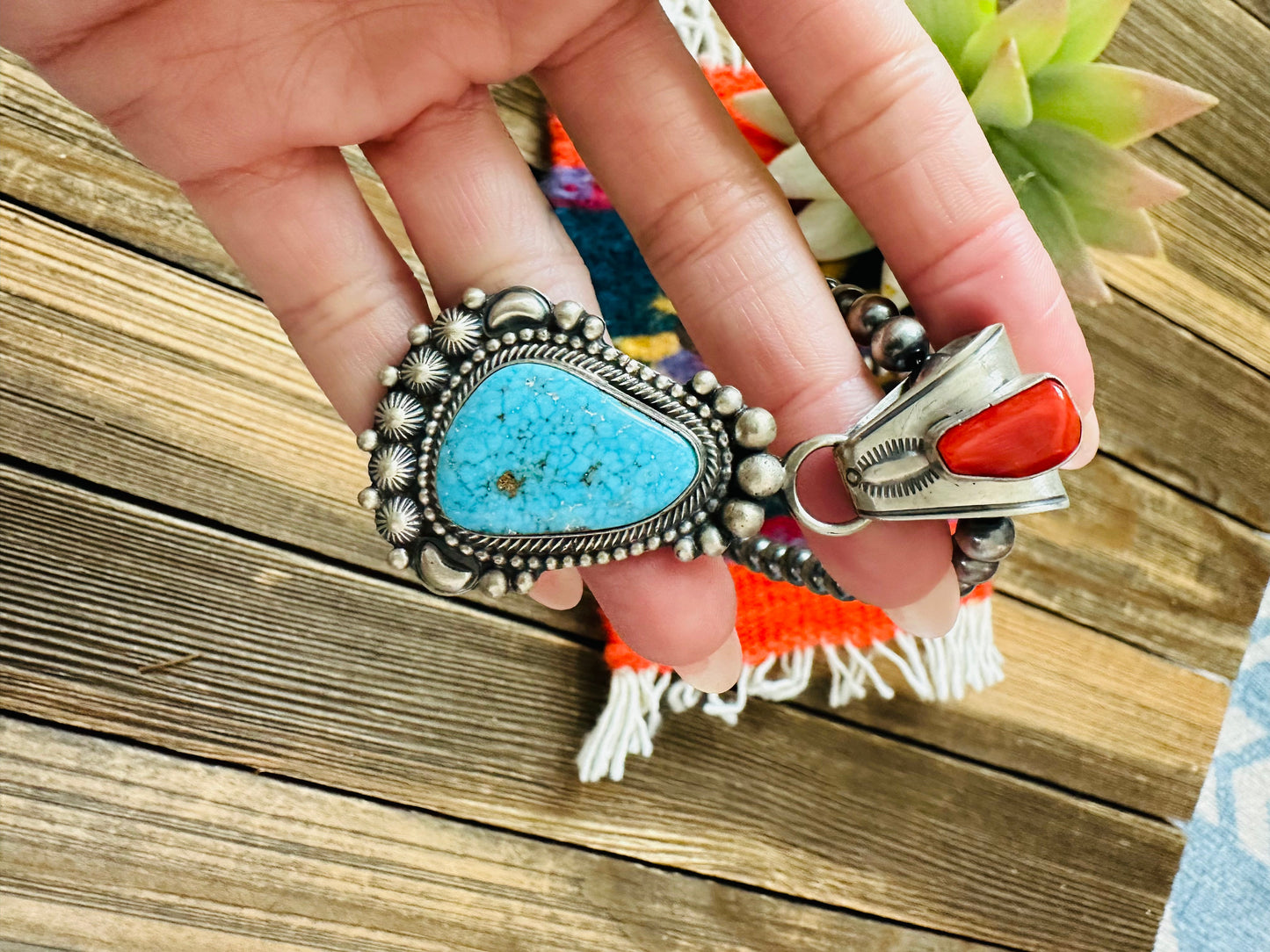 Navajo Sterling Silver, Turquoise & Coral Beaded Necklace