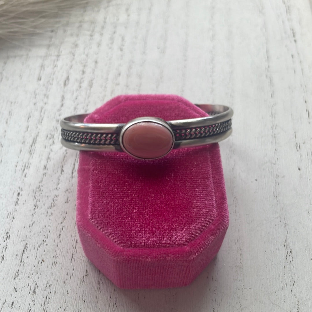 Navajo Pink Conch & Sterling Silver Adjustable Cuff Bracelet Signed