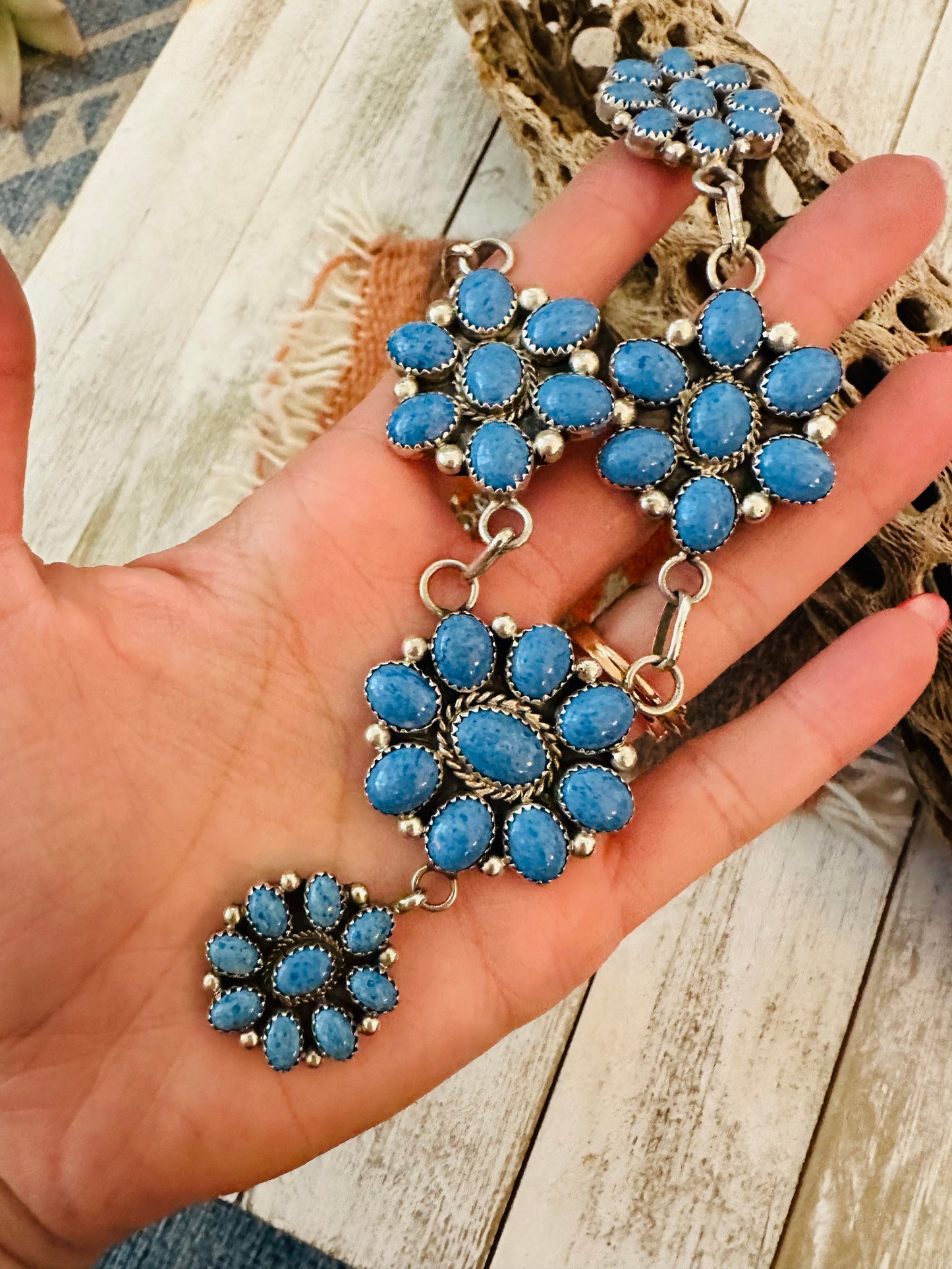 Navajo Denim Lapis & Sterling Silver Cluster Necklace Signed