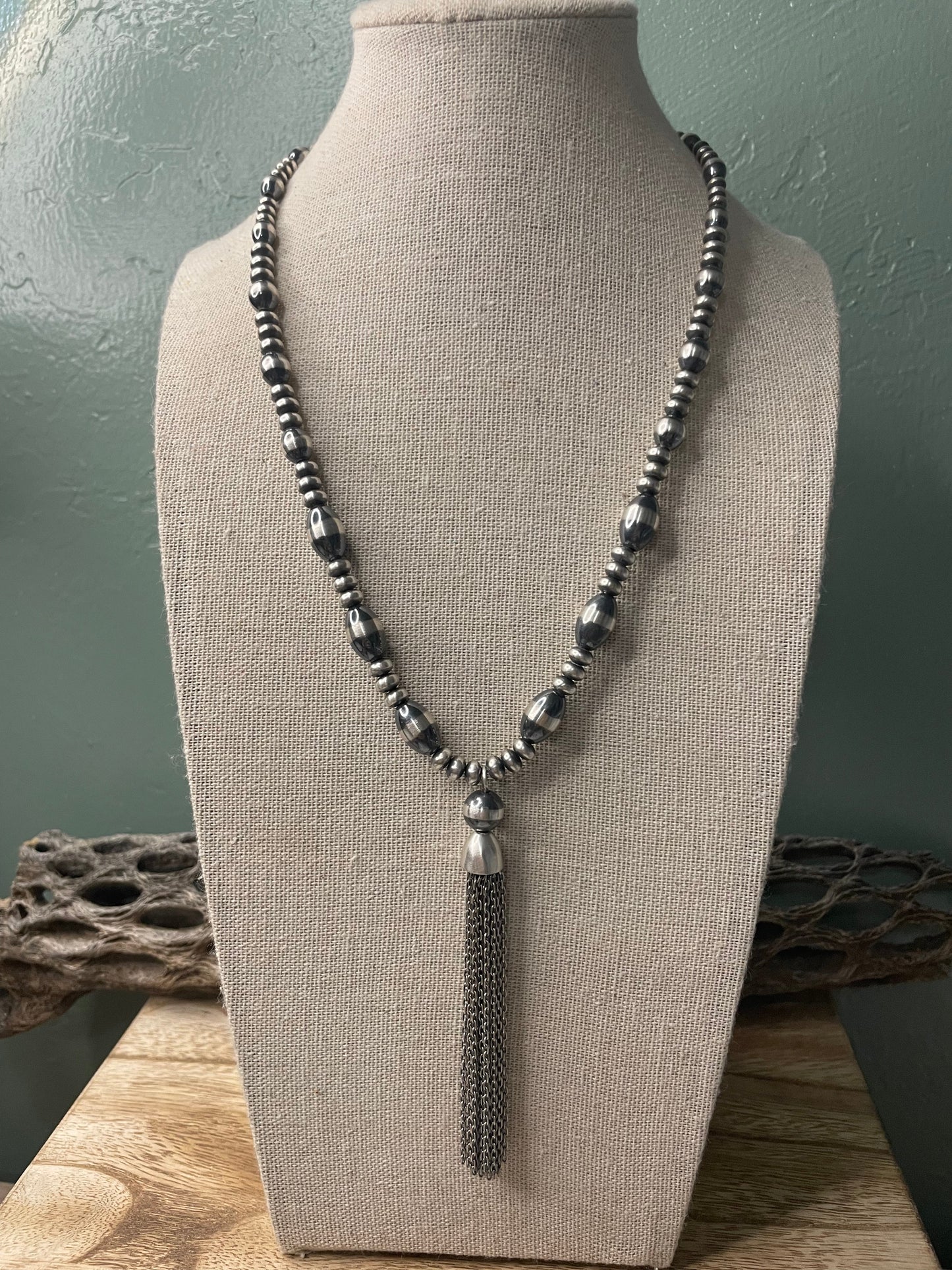 Navajo Sterling Silver Tassel Beaded Necklace 18”