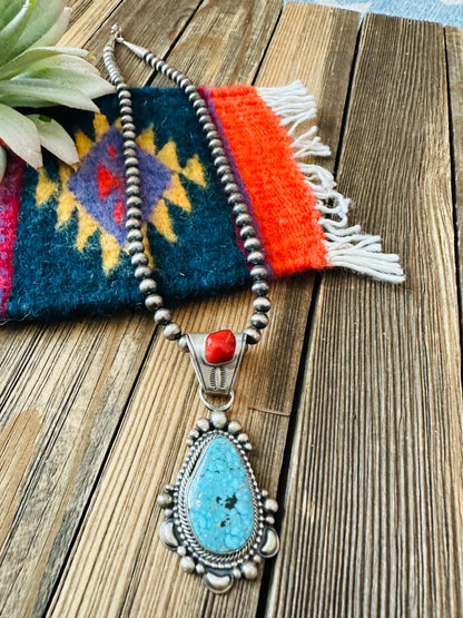 Navajo Sterling Silver, Turquoise & Coral Beaded Necklace