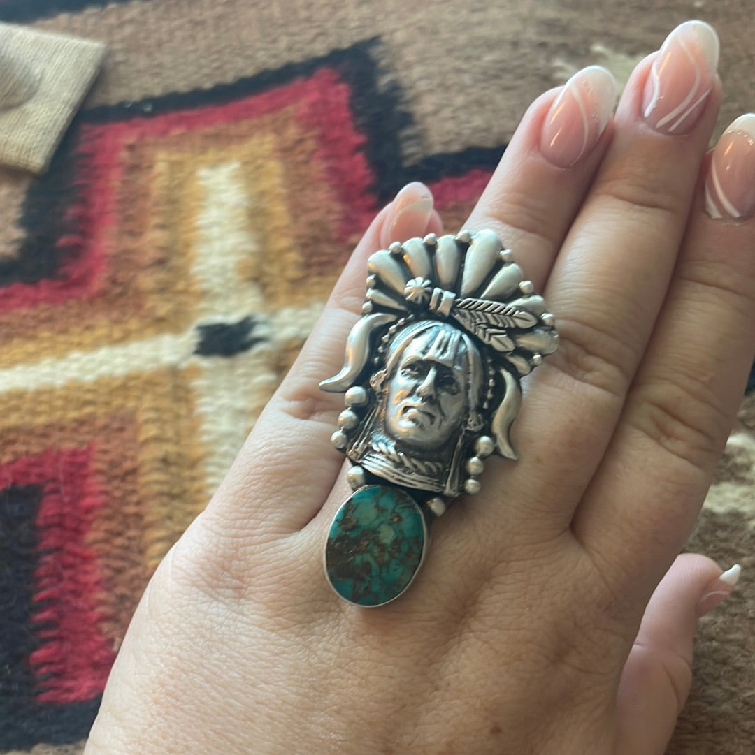 Beautiful Navajo Sterling Silver & Turquoise Chief Adjustable Ring Signed Russell Sam