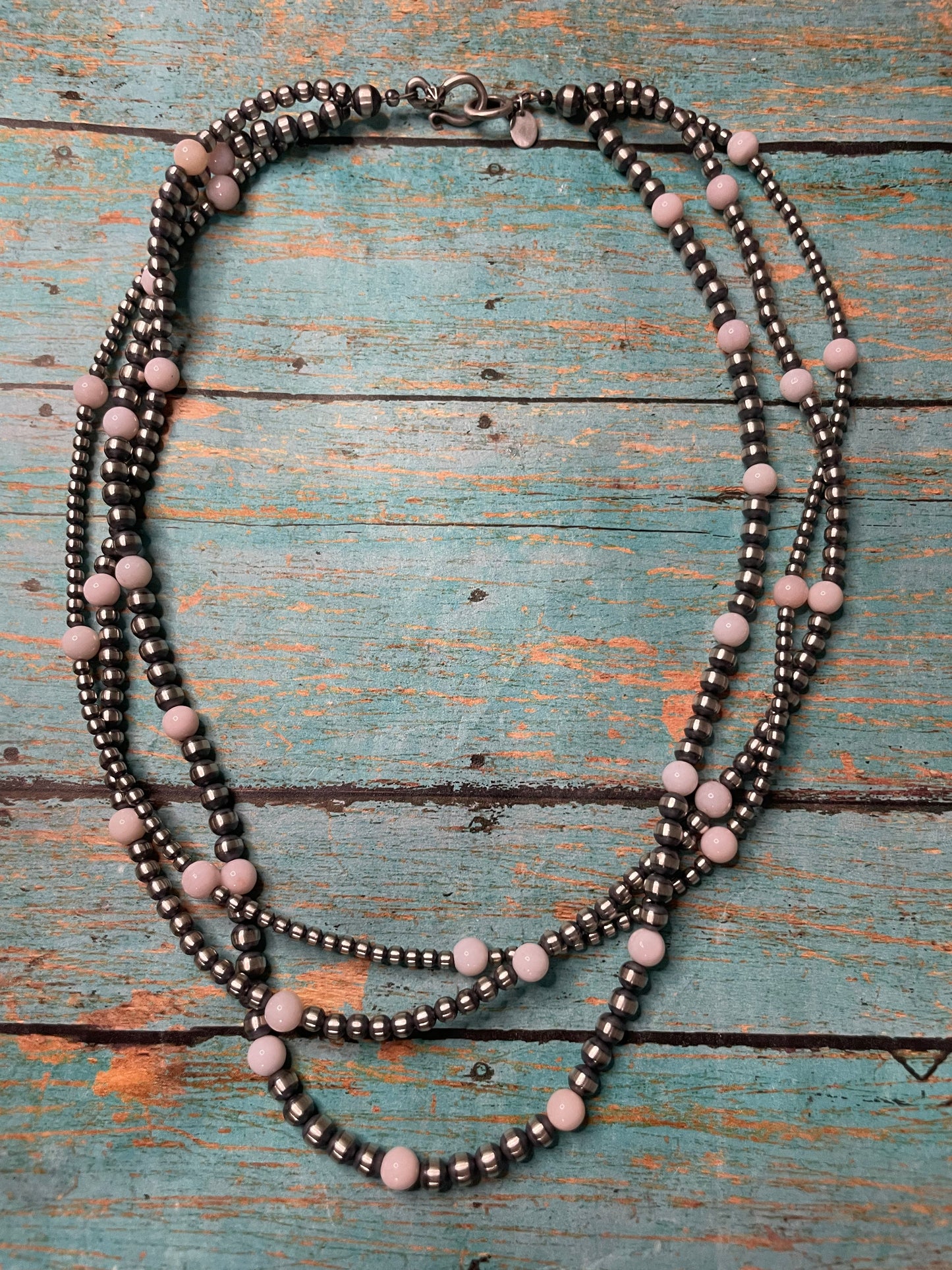 Navajo Pink Conch & Sterling Silver 3 Strand Beaded Necklace 20”