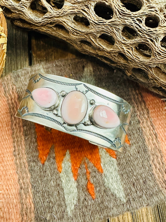 Navajo Queen Pink Conch Shell & Sterling Silver Adjustable Cuff Bracelet