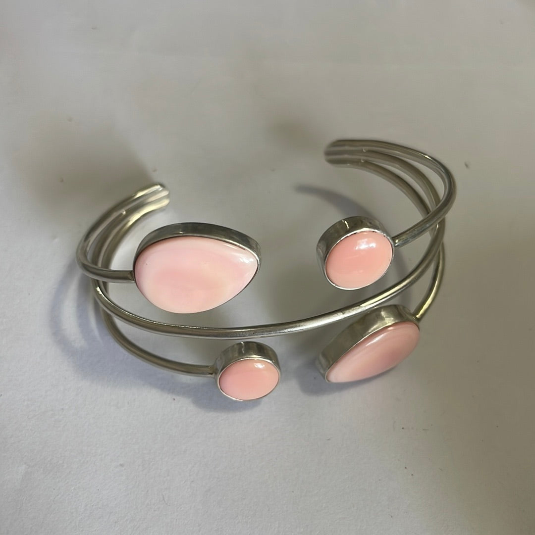 Navajo 4 Stone Pink Conch & Sterling Silver Adjustable Cuff Bracelet Signed