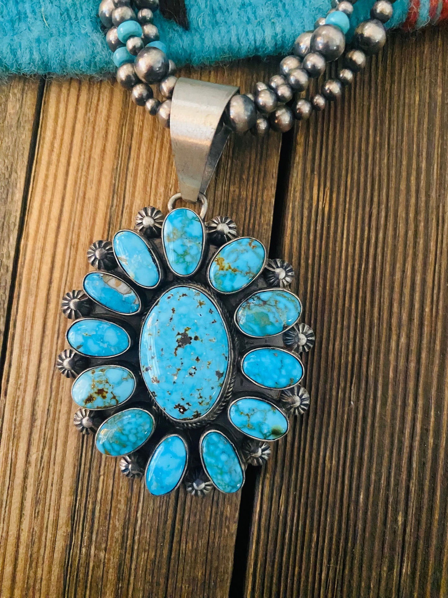 Navajo Sterling Silver & Kingman Turquoise Beaded Necklace