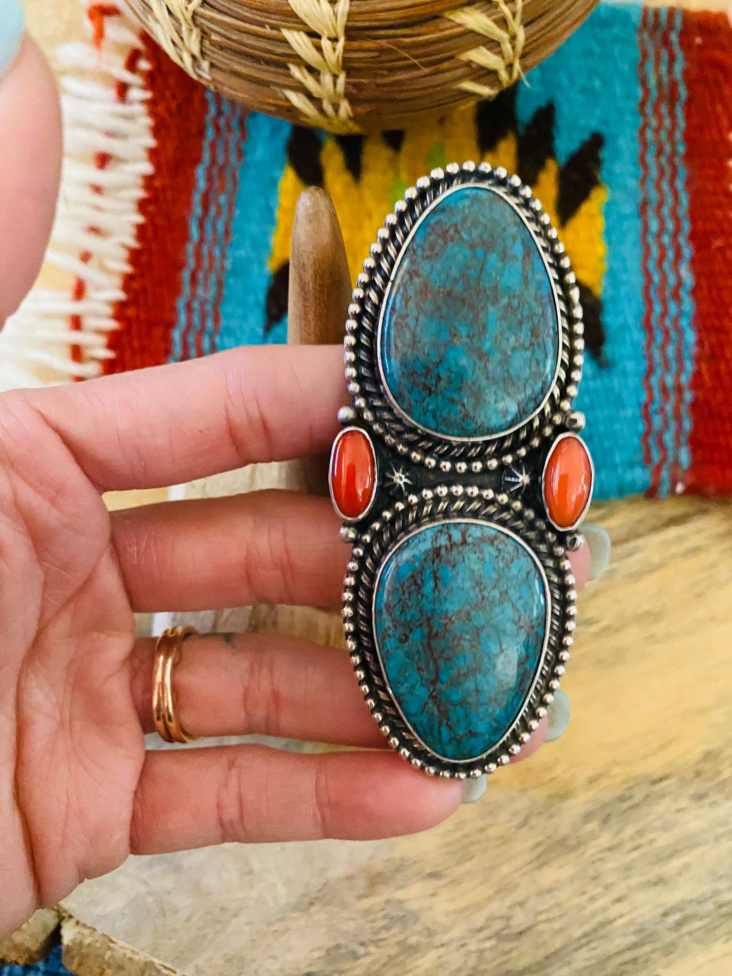 Navajo Kingman Turquoise, Coral & Sterling Silver Adjustable Ring