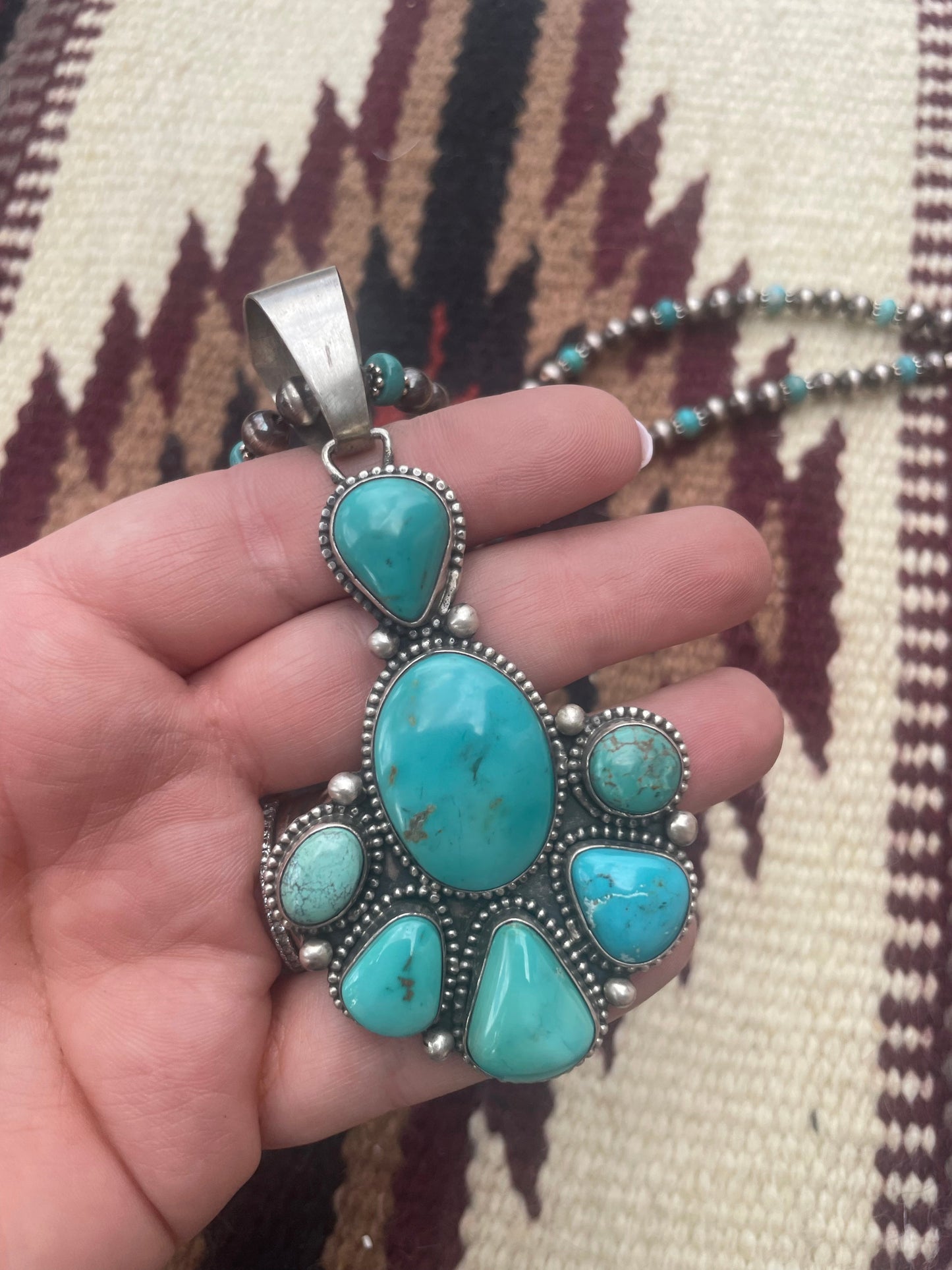 Navajo Sterling Silver & Turquoise Beaded Necklace With Pendant Signed Bea Tom