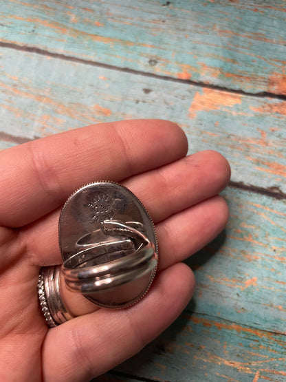 Navajo New Lander Turquoise And Sterling Silver Adjustable Ring