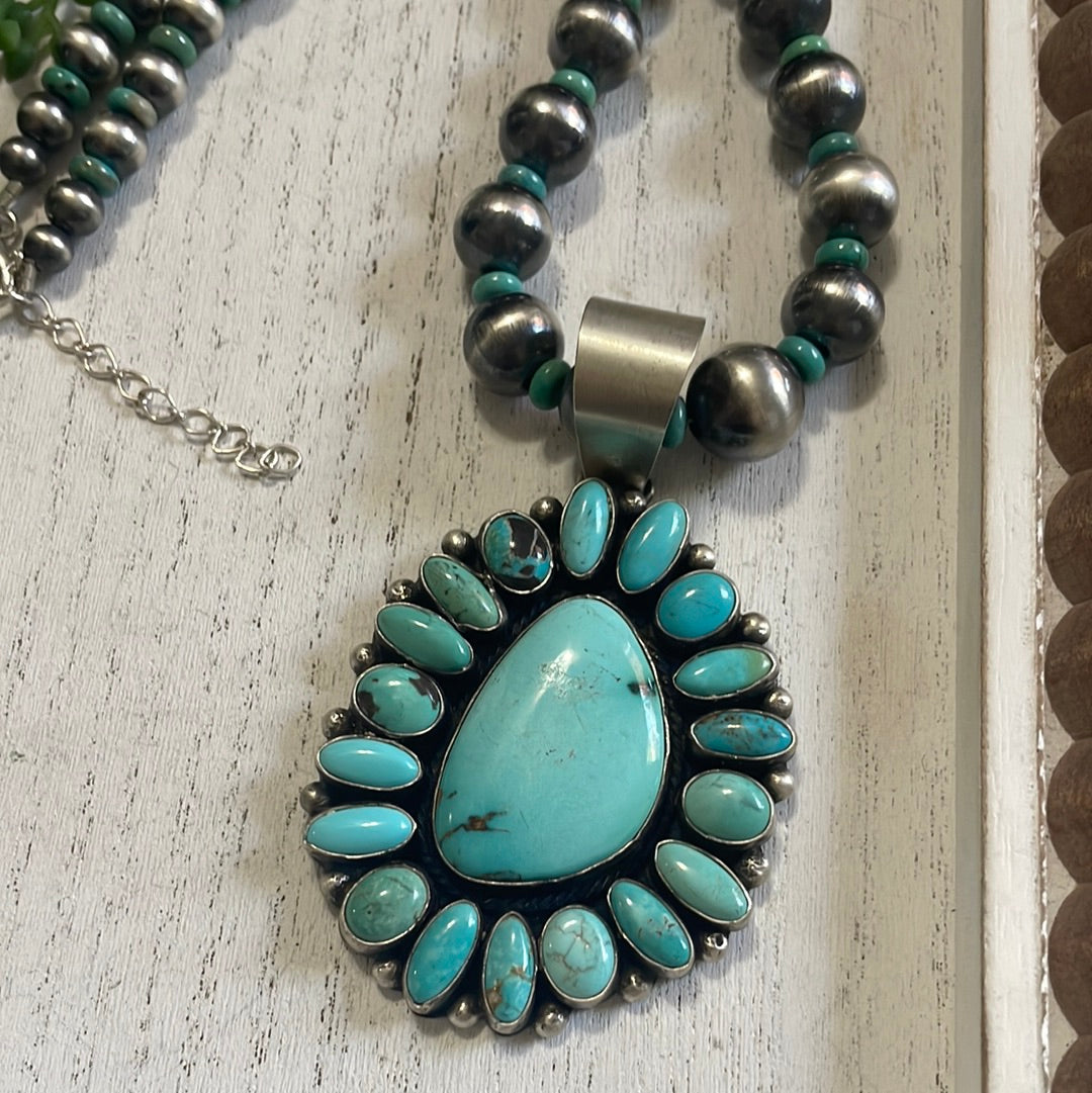 Beautiful Navajo Sterling Silver Beaded Turquoise Necklace With Pendant Signed Ella Peter