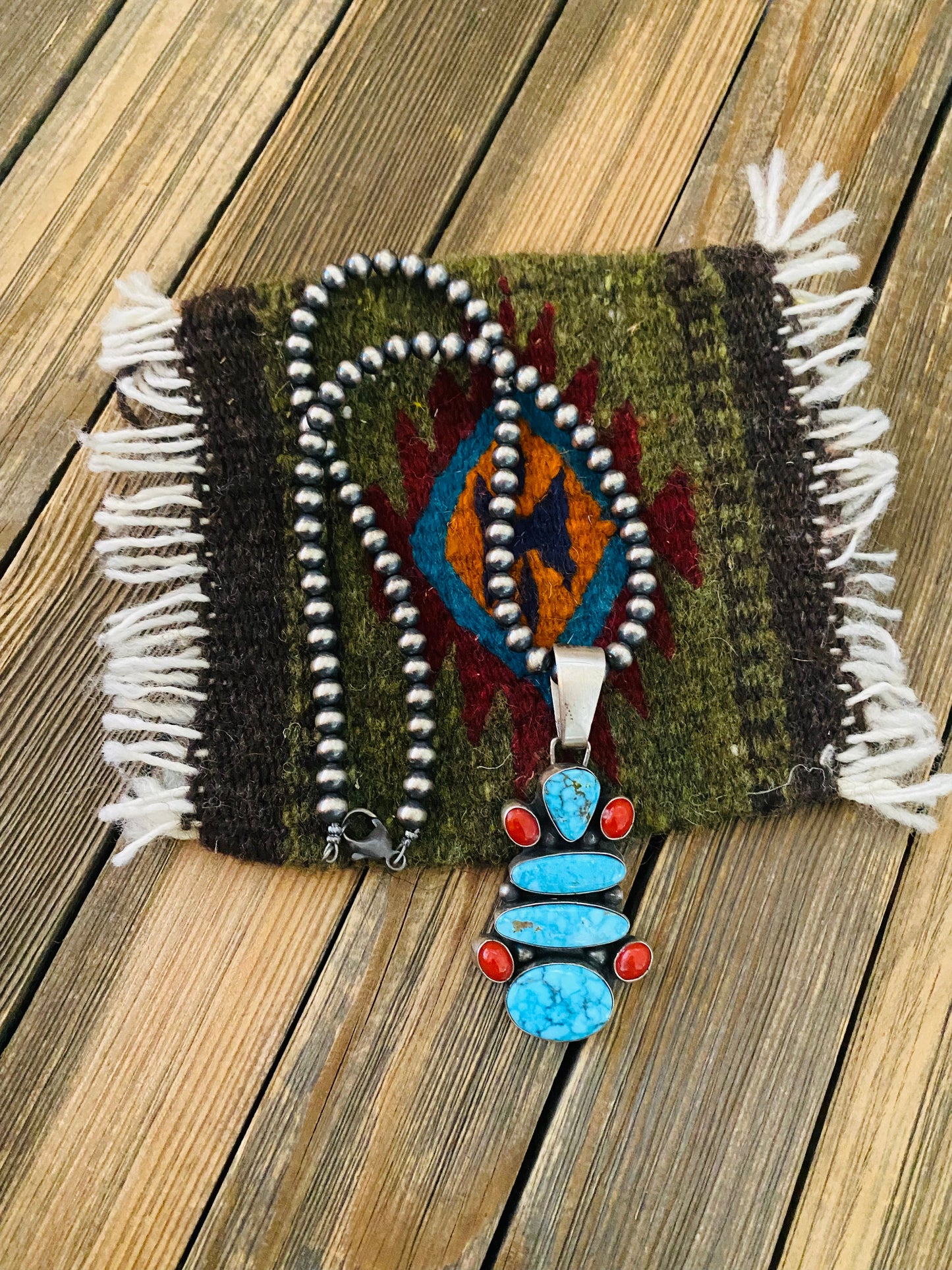 Navajo Sterling Silver, Turquoise & Coral Beaded Necklace