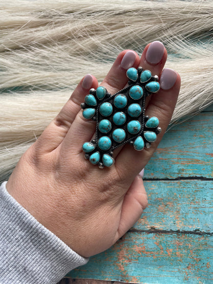 Navajo Turquoise & Sterling Silver Statement Cluster Adjustable Ring