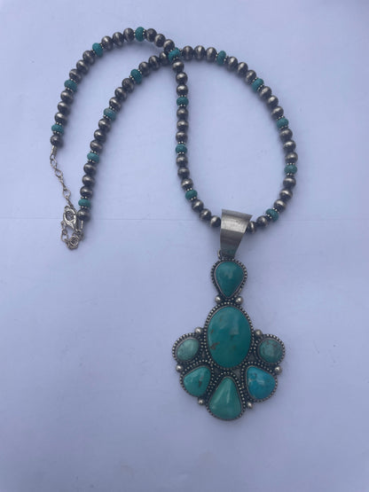 Navajo Sterling Silver & Turquoise Beaded Necklace With Pendant Signed Bea Tom