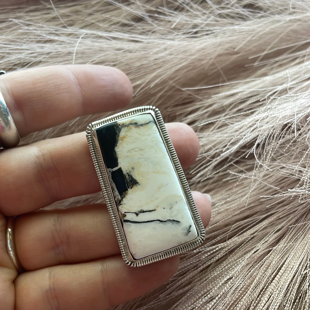 Navajo Sterling Silver And White Buffalo Adjustable Ring By Wydell Billie