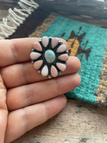 Navajo Golden Hills Turquoise, Pink Conch, and Sterling Silver Adjustable Ring Signed C. Yazzie