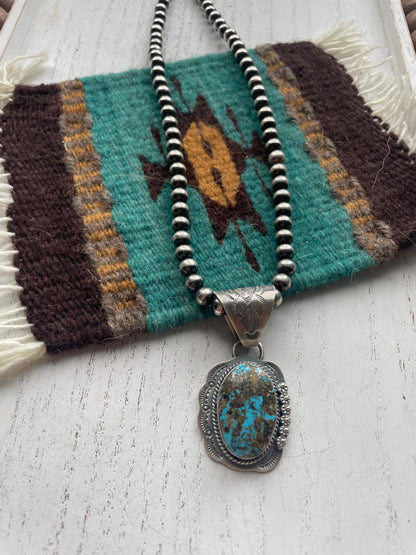 Navajo Kingman Turquoise & Sterling Silver Pendant Signed J Nelson