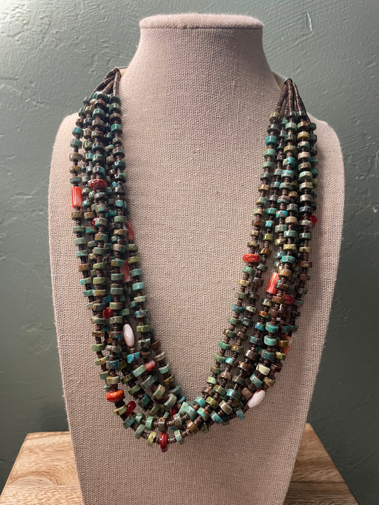 Navajo Multi Stone And Heishi Seven Strand Beaded Necklace