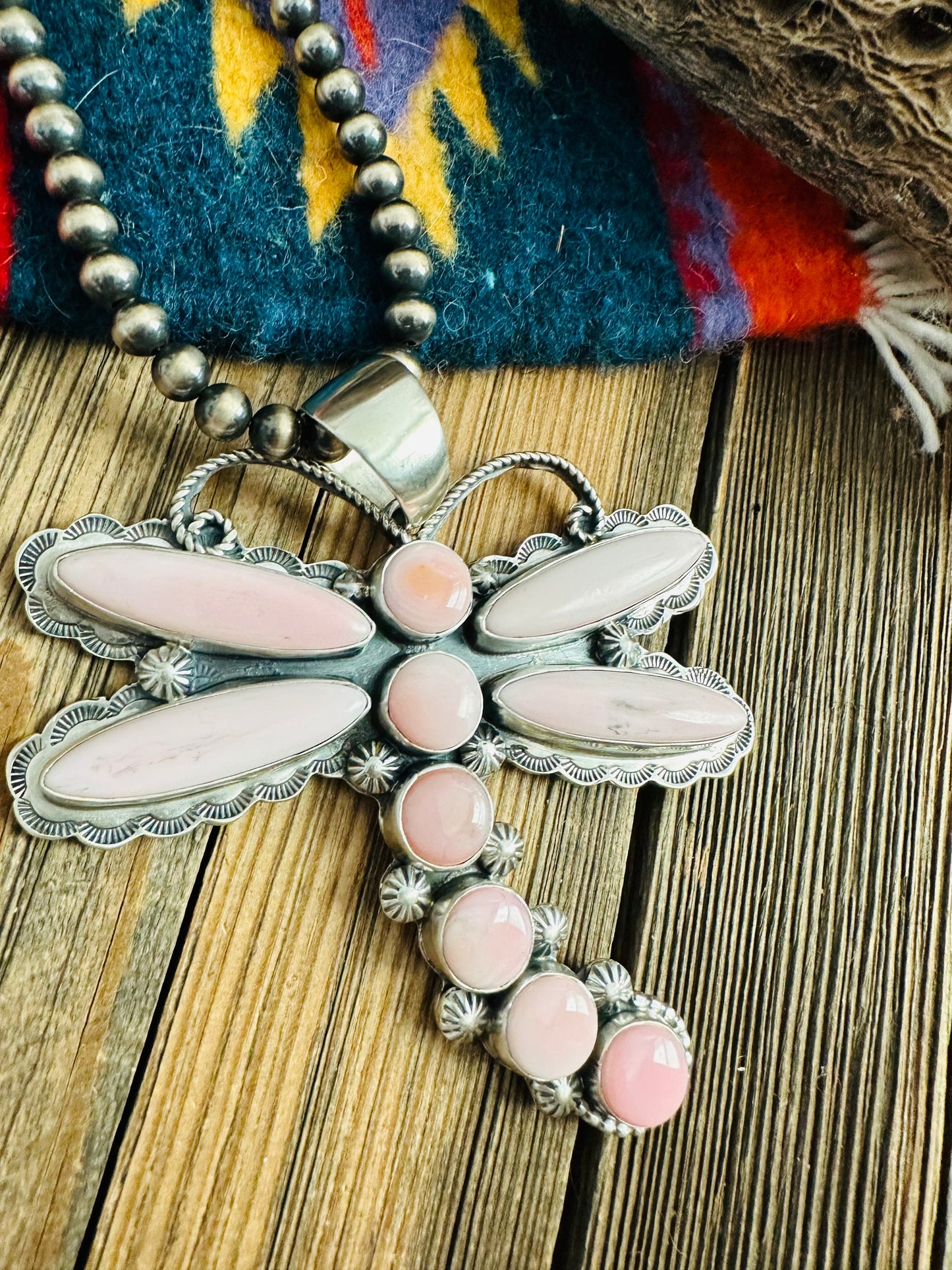 Navajo Queen Pink Conch & Sterling Silver Dragonfly Pendant By Shawn Cayatineto