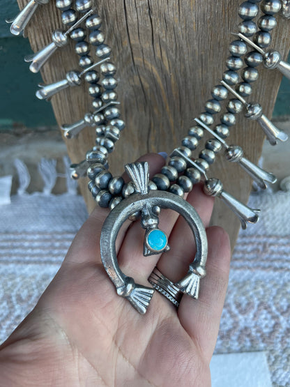 Navajo Sterling Silver And Turquoise Squash Blossom Necklace By Joseph Martinez