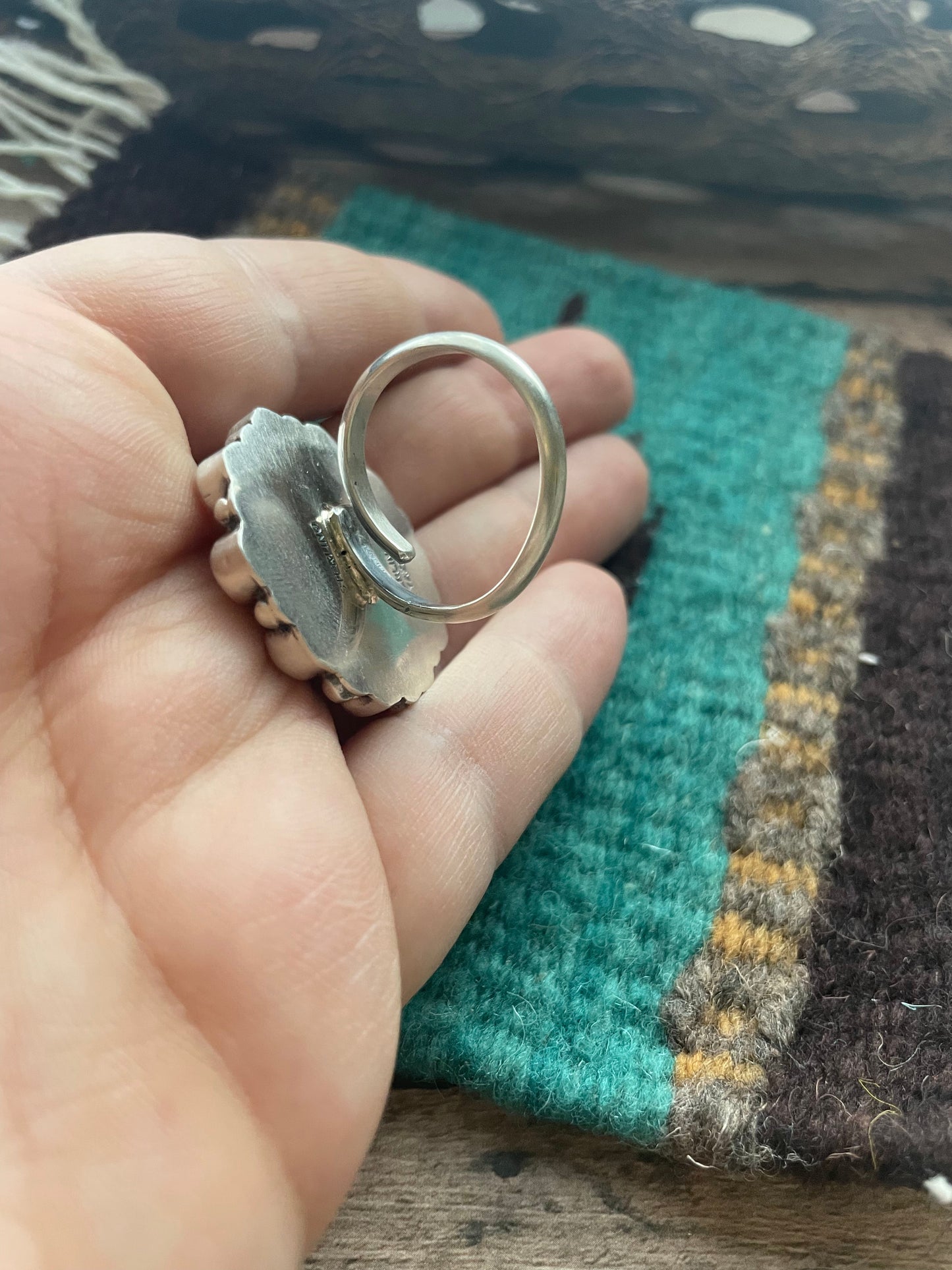 Navajo Golden Hills Turquoise, Pink Conch, and Sterling Silver Adjustable Ring Signed C. Yazzie