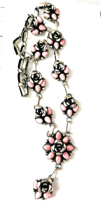 Navajo Sterling Silver & Queen Pink Conch Shell Flower Necklace