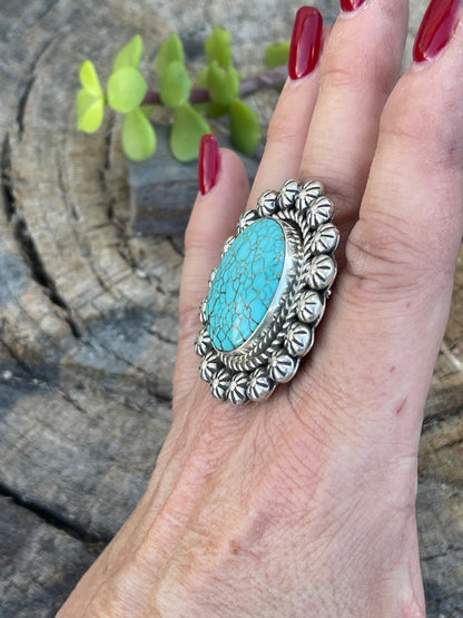 Navajo Sterling Silver Kingman Web Turquoise Adjustable Ring Artist Abel Toledo