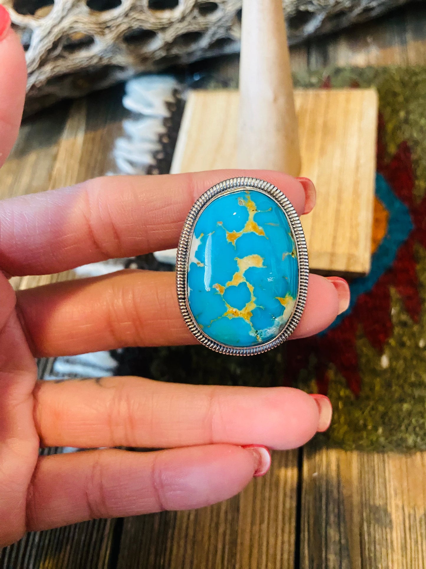 Navajo Gold Canyon Turquoise & Sterling Silver Adjustable Ring by Wydell Billie