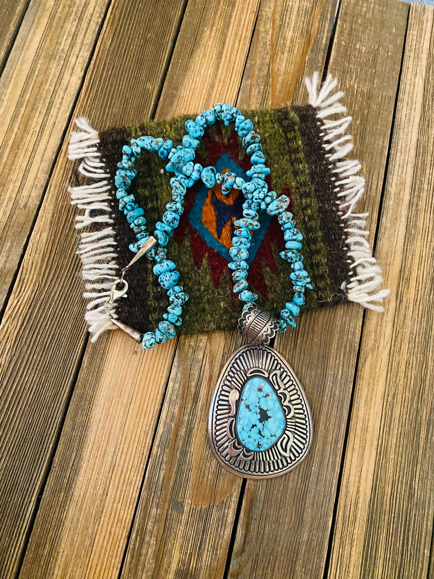 Navajo Sterling Silver & Kingman Turquoise Beaded Necklace