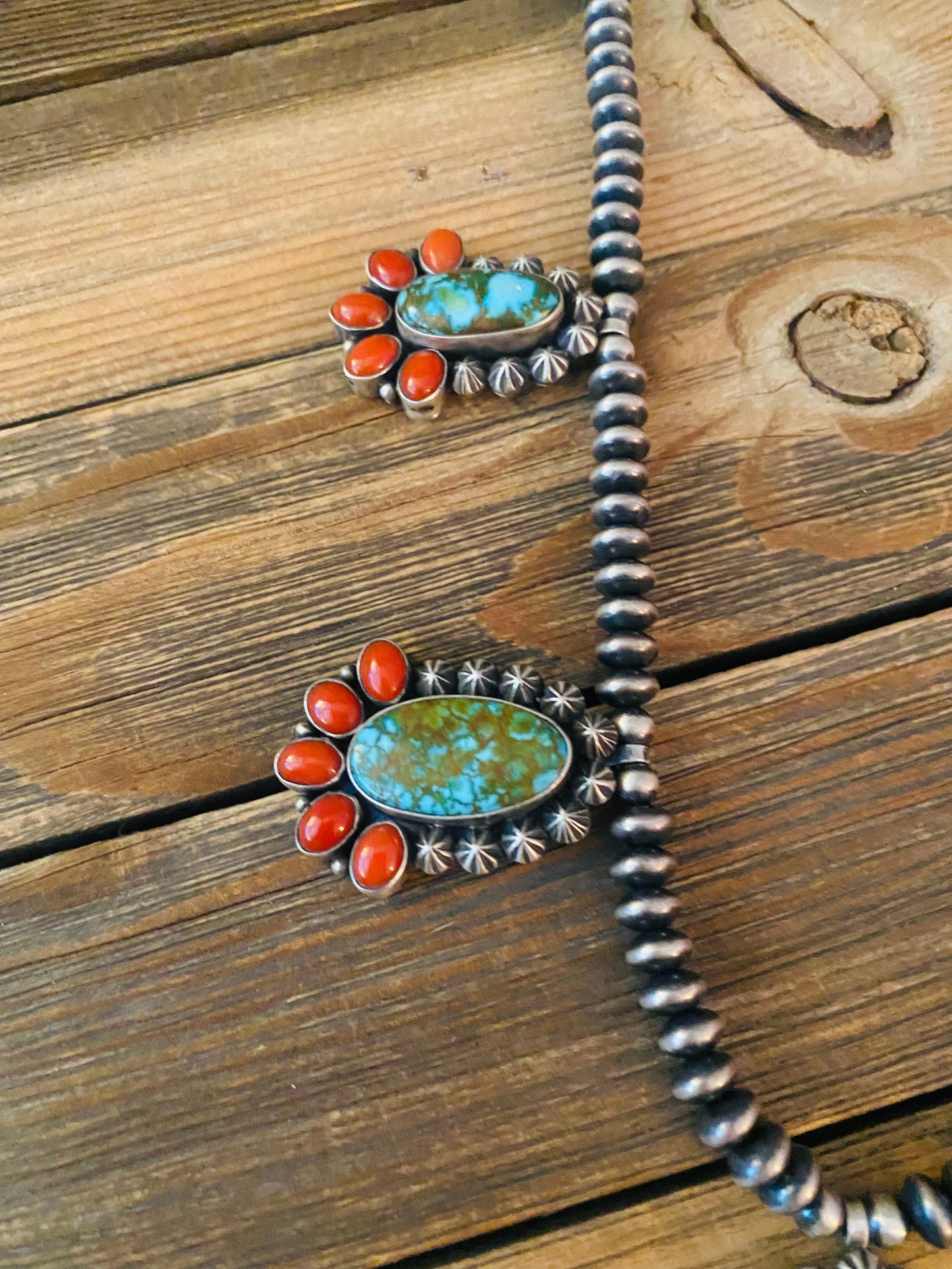 Navajo Sterling Kingman Turquoise & Natural Red Coral Necklace Taos Collection