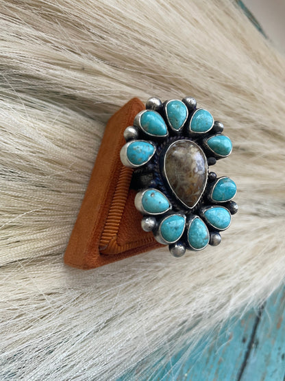 Navajo Sterling Silver, Tibetan Turquoise & Turquoise Cluster Adjustable Ring