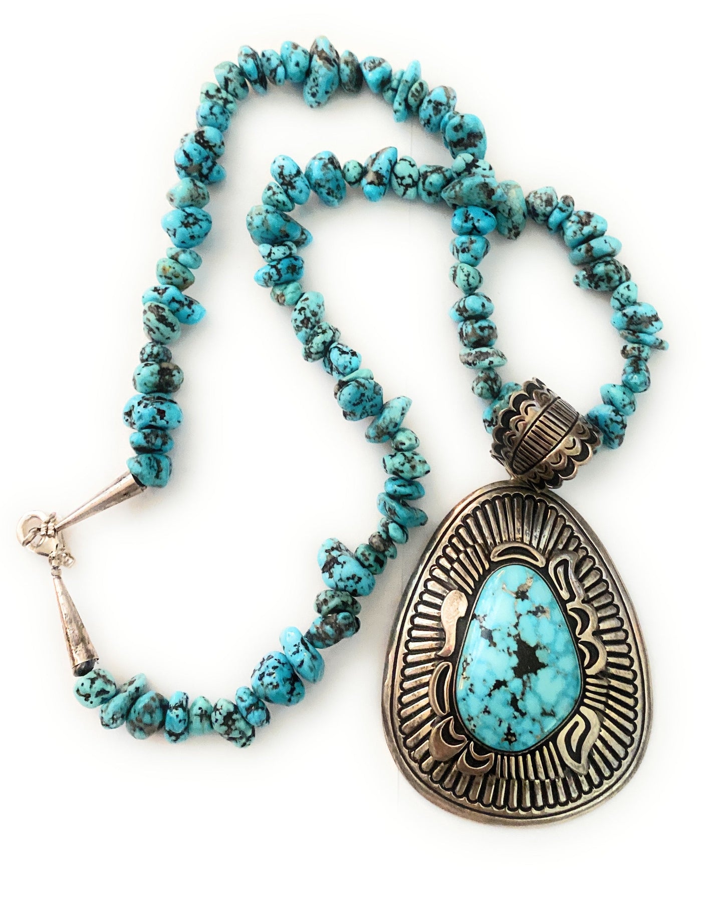 Navajo Sterling Silver & Kingman Turquoise Beaded Necklace