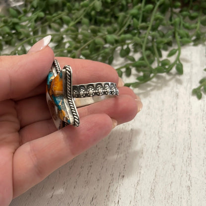 Navajo Orange Dream And Sterling Silver Star Adjustable Ring