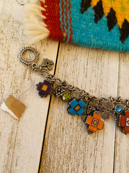 Navajo Multi Stone & Sterling Silver Inlay Link Bracelet