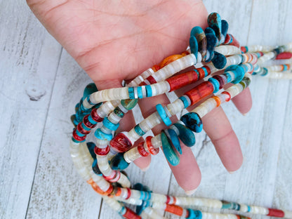 Navajo Mother of Pearl, Turquoise and Spiny Five Strand Beaded Necklace