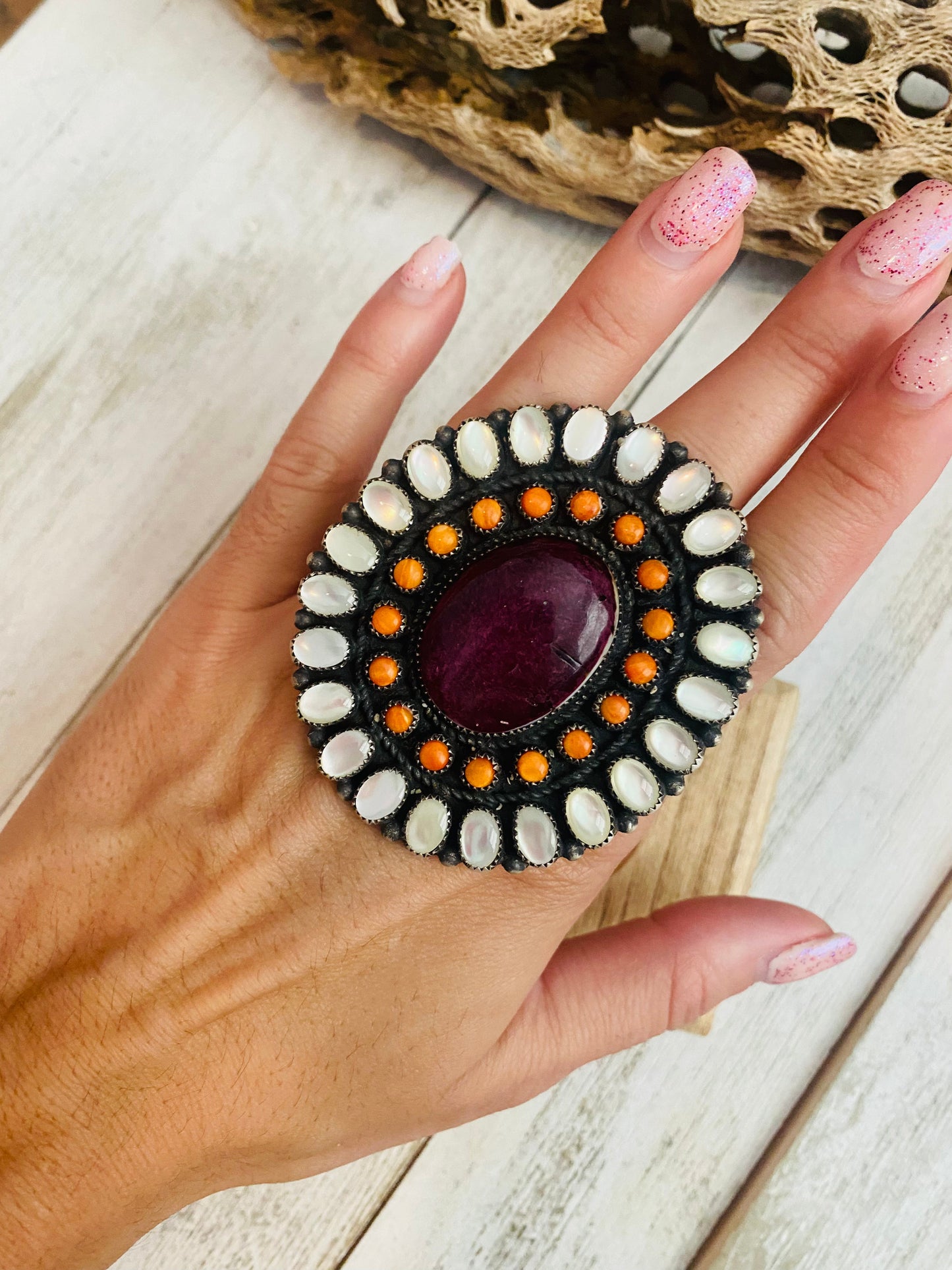 Navajo Sterling Silver, Mother of Pearl & Spiny Cluster Adjustable Ring