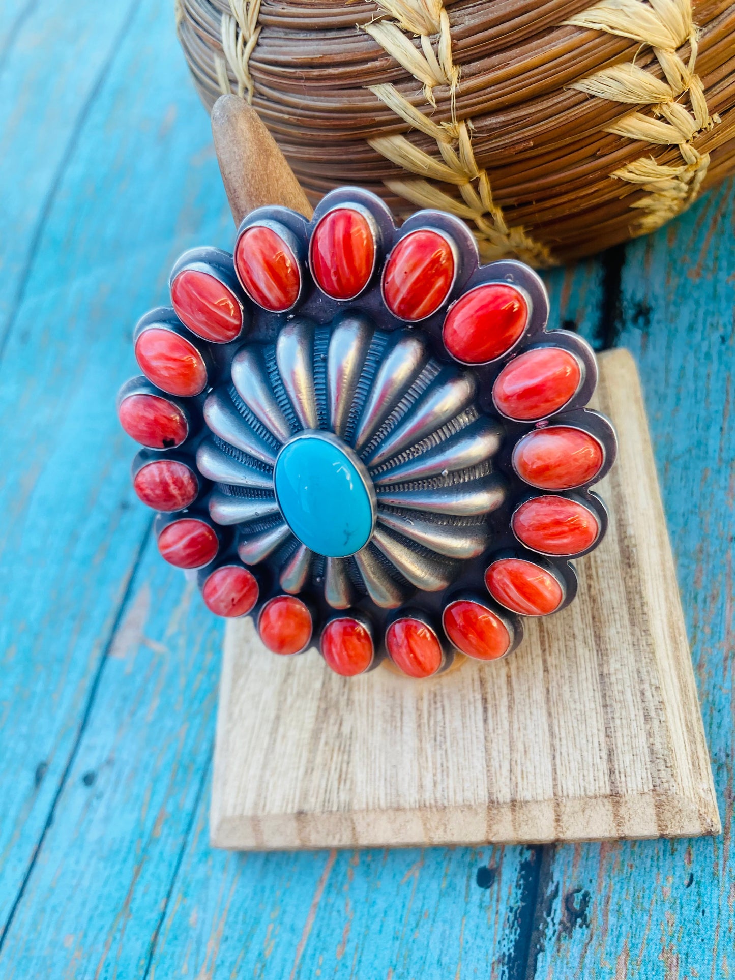 Navajo Red Spiny, Turquoise & Sterling Silver Adjustable Ring