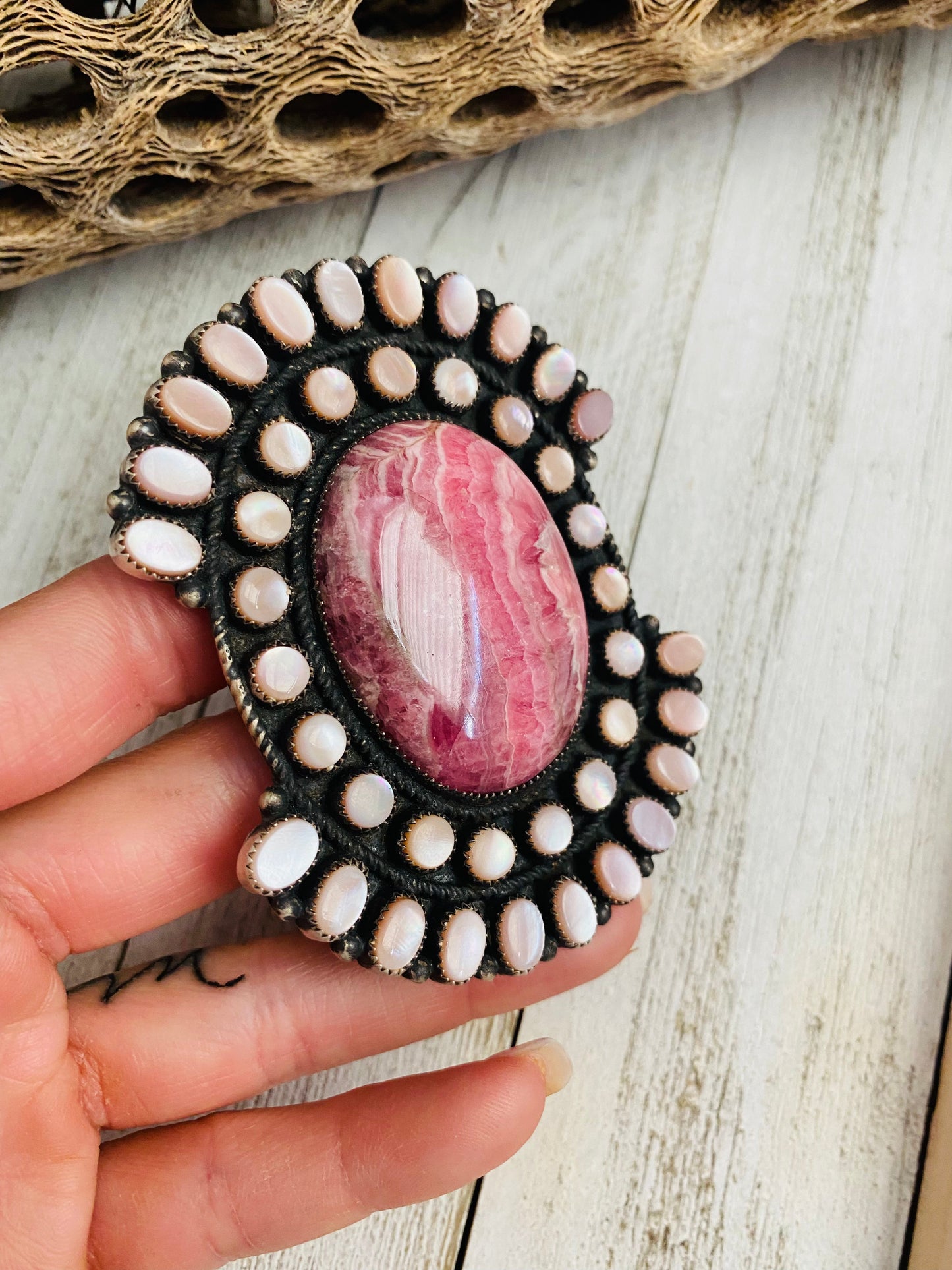 Navajo Sterling Silver, Mother of Pearl & Rhodochrosite Cluster Adjustable Ring