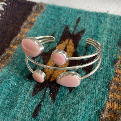 Navajo 4 Stone Pink Conch & Sterling Silver Adjustable Cuff Bracelet Signed