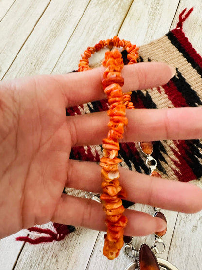 Navajo Sterling Silver & Orange Spiny Beaded Naja Necklace