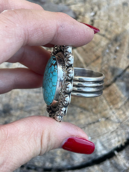 Navajo Sterling Silver Kingman Web Turquoise Adjustable Ring Artist Abel Toledo