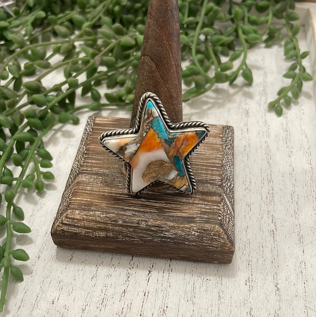 Navajo Orange Dream And Sterling Silver Star Adjustable Ring