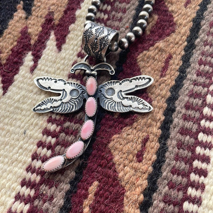 Navajo Pink Conch & Sterling Silver Dragonfly Pendant Signed E Billah