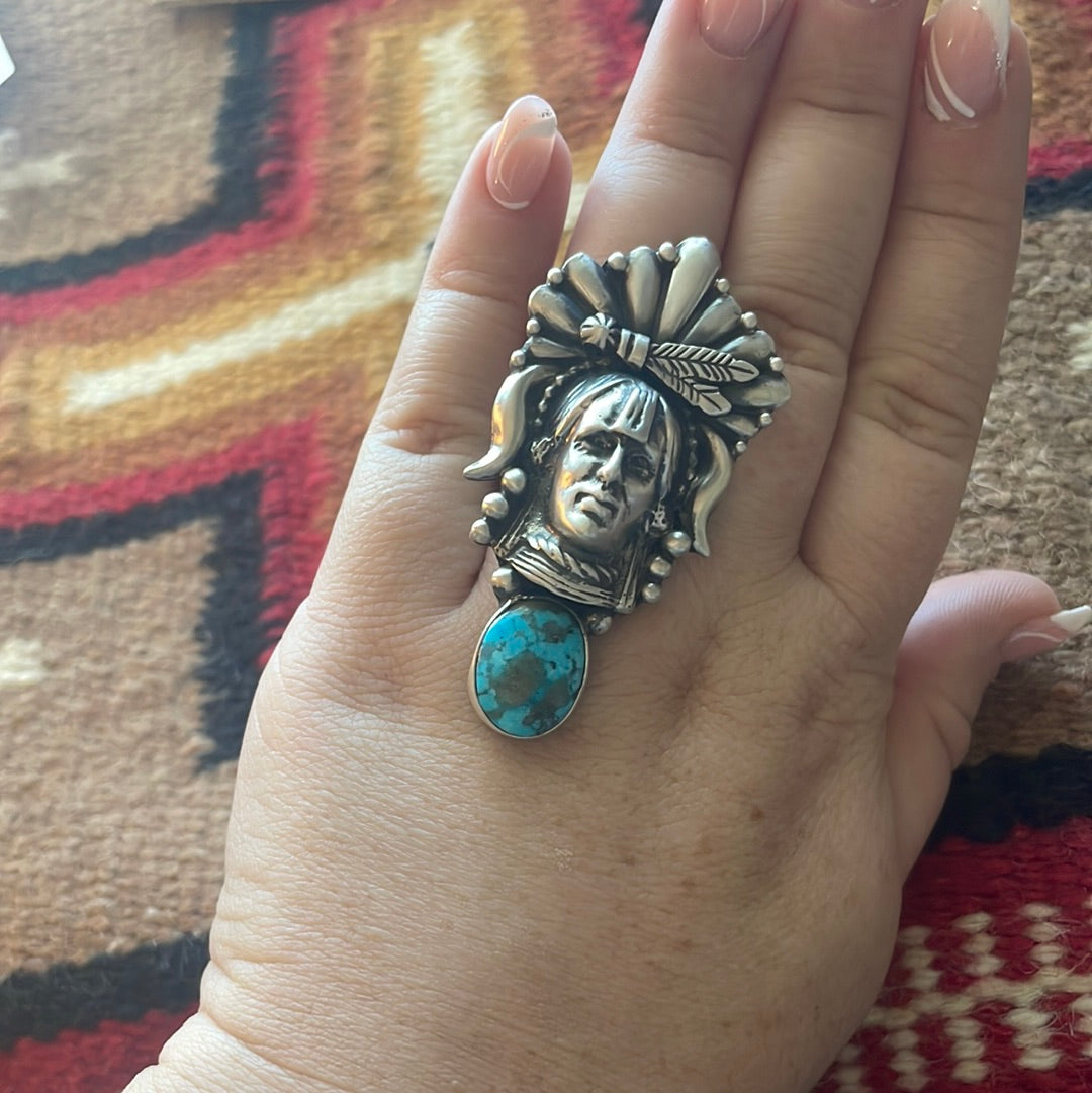 Beautiful Navajo Sterling Silver & Turquoise Chief Adjustable Ring Signed Russell Sam