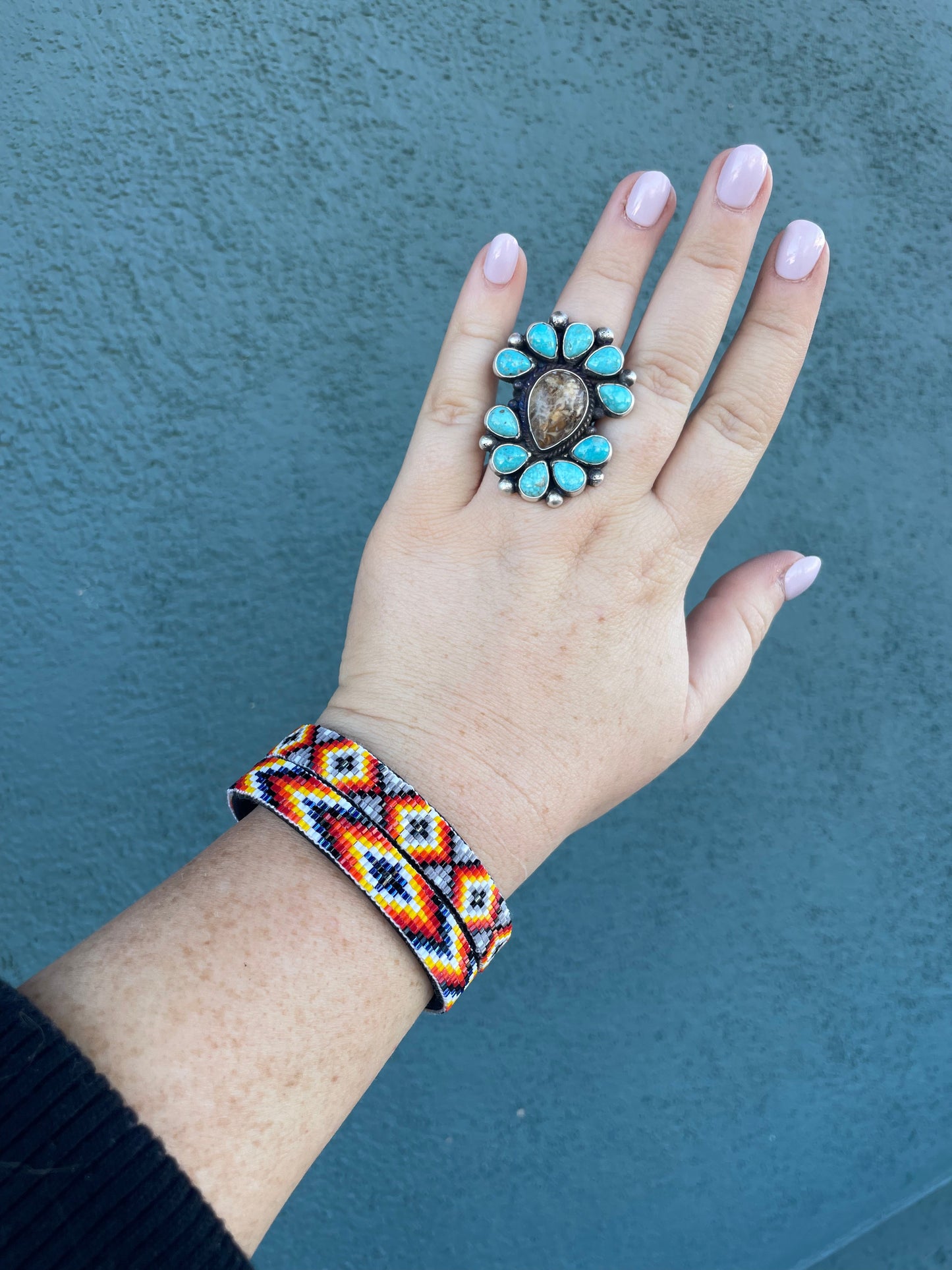 Navajo Sterling Silver, Tibetan Turquoise & Turquoise Cluster Adjustable Ring