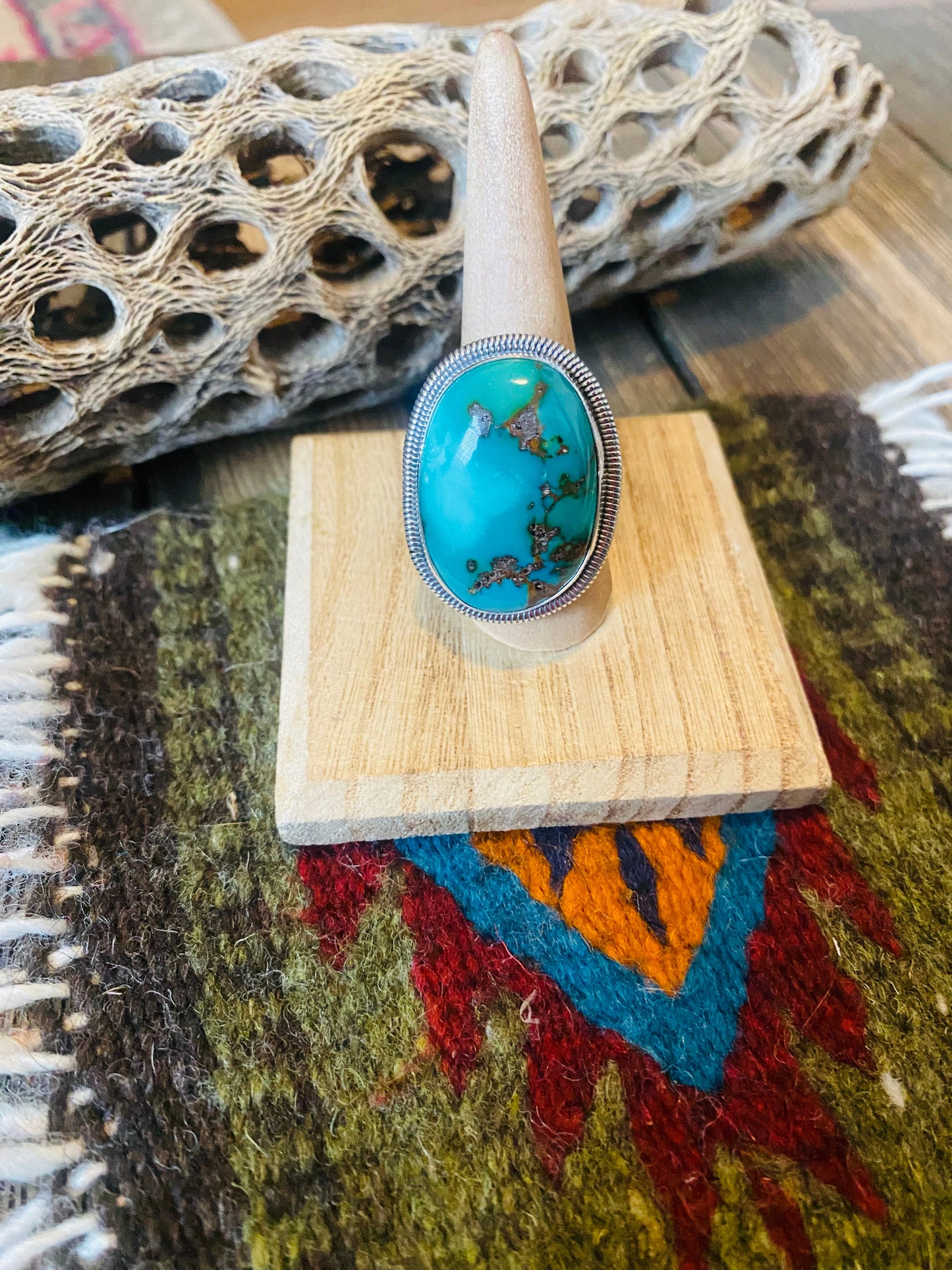 Navajo Gold Canyon Turquoise & Sterling Silver Adjustable Ring by Wydell Billie